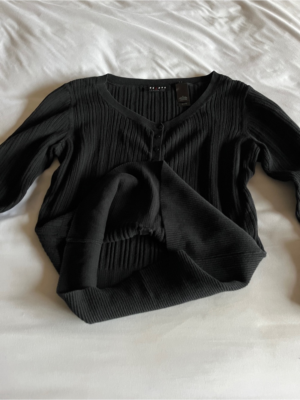 Axcess Black Ribbed Button-Front Long Sleeve Top - Picture 3 of 16